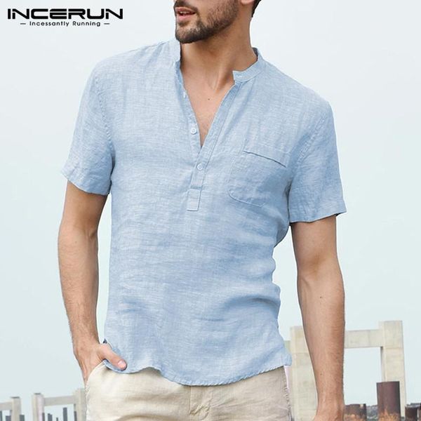 

incerun men casual shirts short sleeve stand collar blouse man basic solid color button loose camisa masculina summer s-3xl, White;black