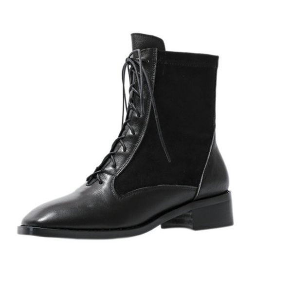 

2021 new genuine leather low heel ankle boots cross tied handmade woman winter casual basic shoes qph3, Black