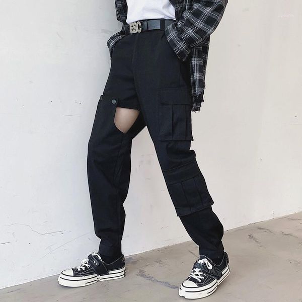 

m-xl2020 men's autumn tooling show hole casual pants trend youth personality tie pants hairdresser dark korean pants.1, Black