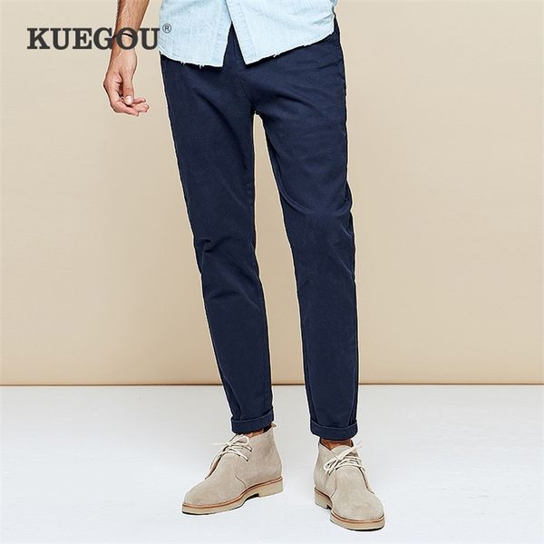 Kuegou Algodão Spandex Primavera Calças Casuais Masculinas Macacões Slim Tipo Straight Han Edição Preto Calças Calças Tamanho AK-9790 201217