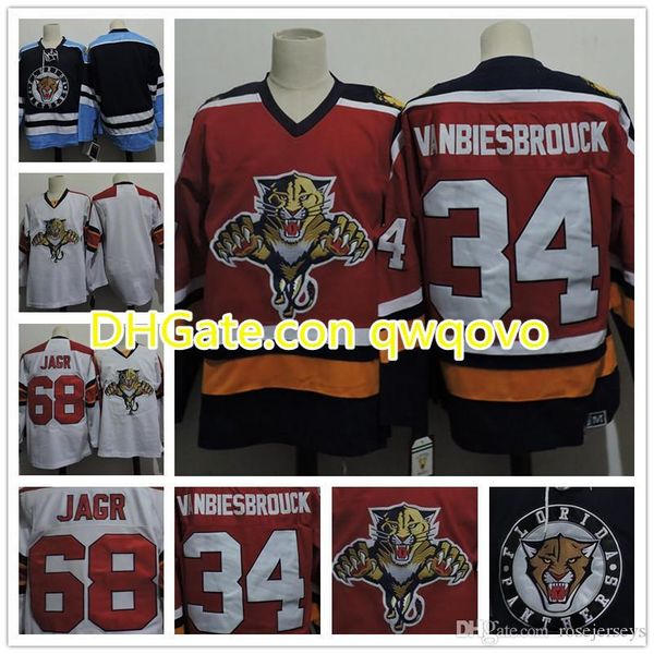 

customized men's florida panthers #68 jaromir jagr white retro blue hockey #34 john vanbiesbrouck red ccm vintage stitched jerseys, Black;red