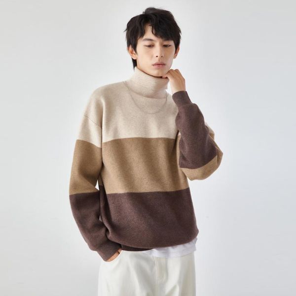 

men's sweaters autumn winter color stitching turtleneck knitting sweater men fashion casual trend korean style simple long-sleeved pull, White;black