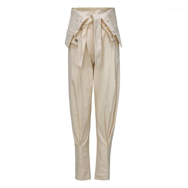 

autumn 2020 women's new cargo pants bandage button trousers pleated casual female fashion high waist flanging b6481, Black;white