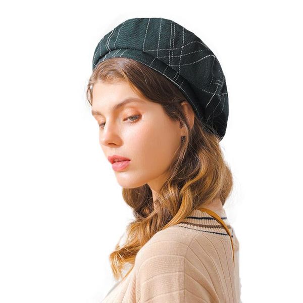 

french artist beret hat for women female winter fashion black blue brown plaid wool thick berets painter octagonal hats cap m152, Blue;gray