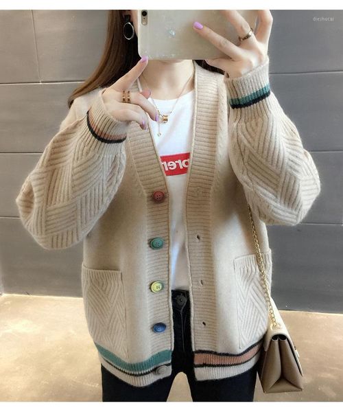 

women sweaters autumn winter 2020 pocket casual v-neck cardigans single breasted puff sleeve loose sweater1, White