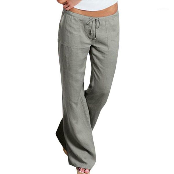 

women high waist elastic linen trousers female straight casual pants loose long wide leg trousers1, Black;white