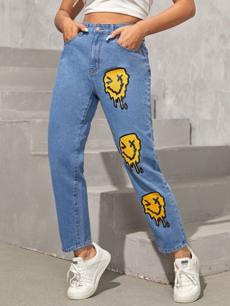 

petite high waist expression print jeans i8fh#, Blue