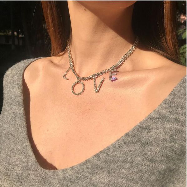 

chokers fashion chic zirconia micro pave letter love pendant clavicle chain necklaces for women trendy short choker bijoux kolye, Golden;silver
