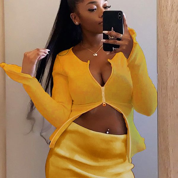 

2020 new solid color zipper long sleeve skirt suit women, White