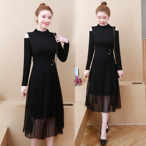 

female plus size long autumn shredded black party to line skater dress thin is1y, Black;gray
