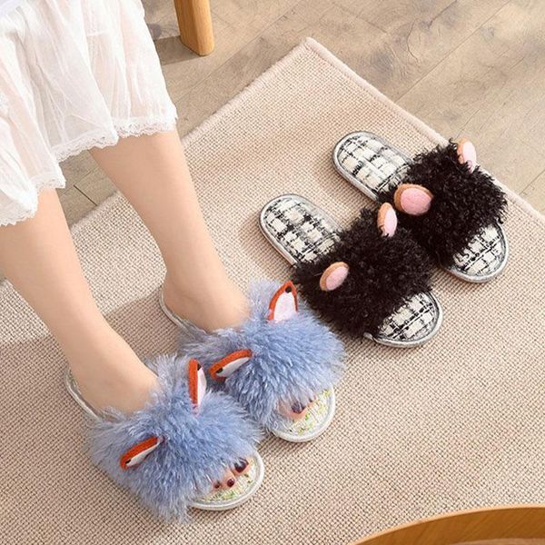 

fluffy slippers for women home non-slip autumn winter casual ladies plush slipper 2020 indoor female flat footwear slides1, Black