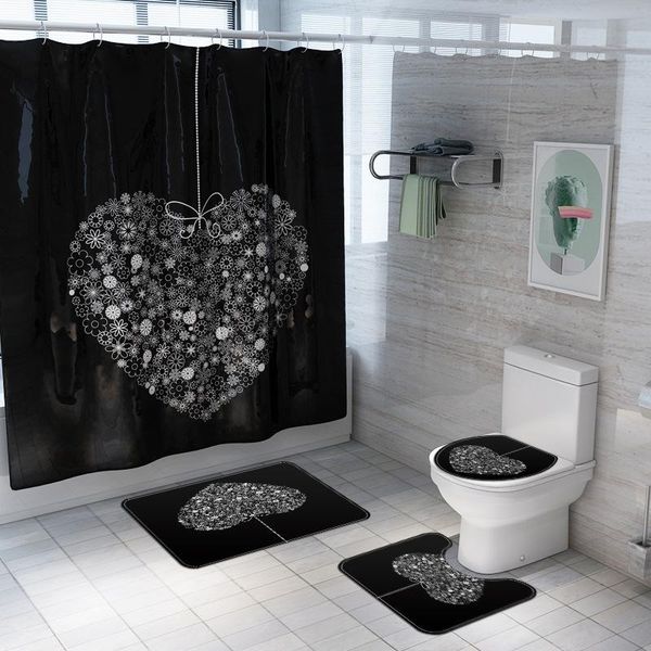 

3d black love print shower curtain waterproof polyester bathroom curtains sets with toilet cover mat non slip rug home decor