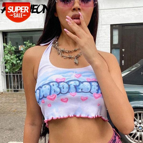 

allneon e-girl kawaii graphic and letter printing halter crop y2k fashion backless bandage ruffles hem sleeveless tank #cs3n, White