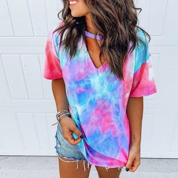 

casual t-shirt women's tie-dye multicolor rainbow print summer ladies streetwear mujer v-neck hollow out short sleeve tee, White
