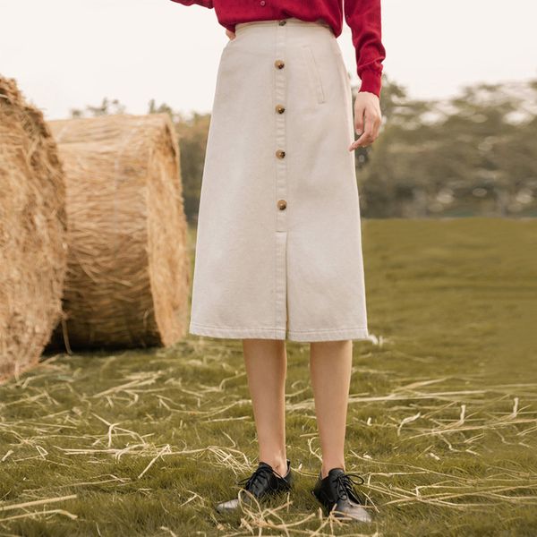 

inman 2020 autumn new arrival concise style a-line skirt cotton double pocket button decoration skirt q1209, Black