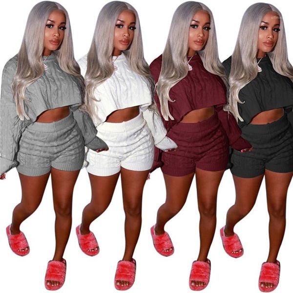 

classic winter solid color 2pcs outfit clothing o neck loose long sleeve and shorts pants sweater two piece sets womens, White