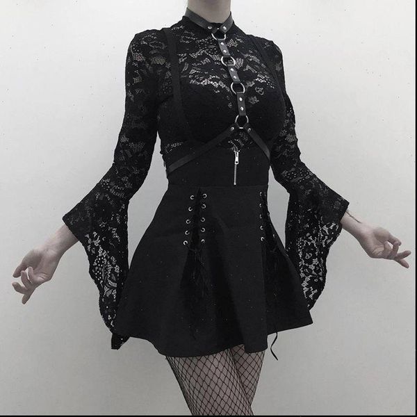

woman sets black two piece goth lace bodysuit rompers a line dress suspender lace up see through club wear girl set, Gray