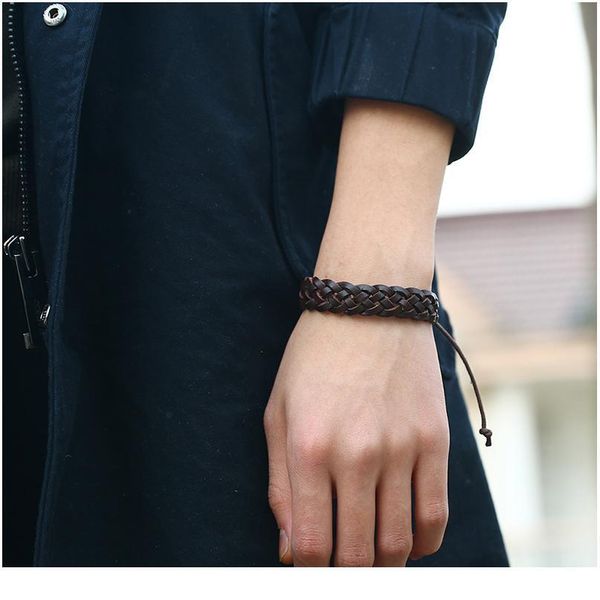 

brown braided wrap rope fashion casual vintage punk handmade weave genuine leather men bracelets for women homme men qylulz, Golden;silver