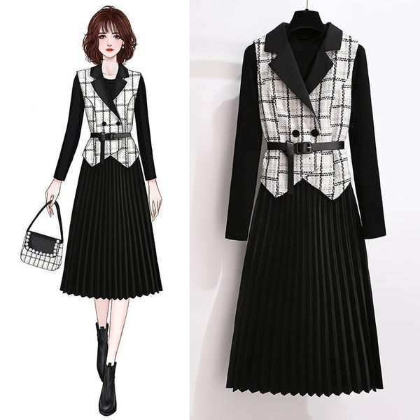 

new autumn 2021 ladies winter 2 piece women's suits plaid cardigan tweed vest + crocheted dress two sets y471 6rgs, Gray