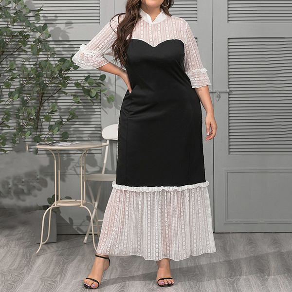 

2021 western style dress spring fashion lace collar mending hook temperament flower burning sleeves o0my, Black;gray