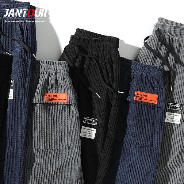 

2020 new men's corduroy thicken pants hip hop style fashion appliques harem pants male joggers men loose trousers brand clothes, Black