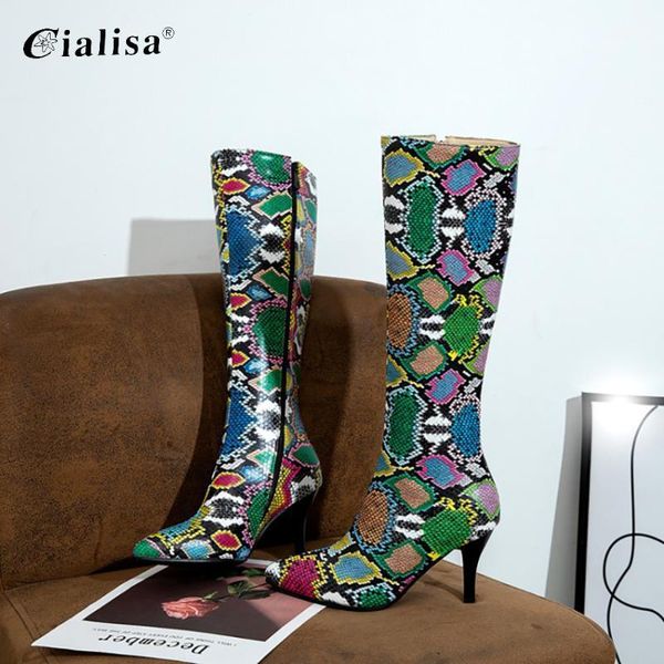 

cialisa women boots thigh high 2020 winter 8cm thin high heels knee boots leather pointed toe party shoes1, Black