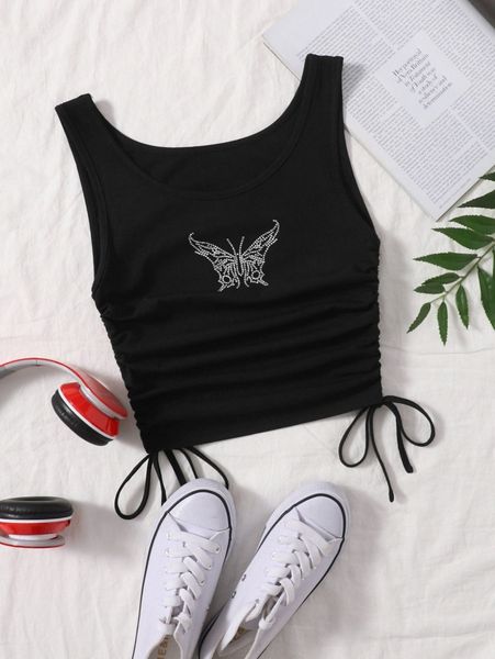 

butterfly rhinestone ruched drawstring knot crop r94e#, White