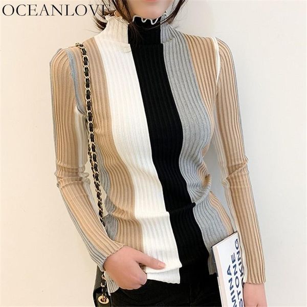 

oceanlove 2019 autumn thin striped sweater women half turtleneck long sleeve sueter mujer korean sweaters slim pullovers 124761, White;black