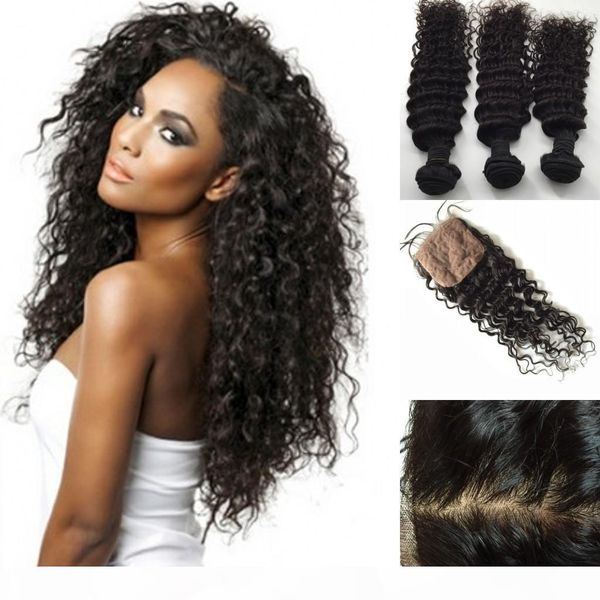 

brazilian hair bundles with silk closure 8-30inch double weft human hair extensions dyeable remy virgin hair weave deep wave wavy, Black