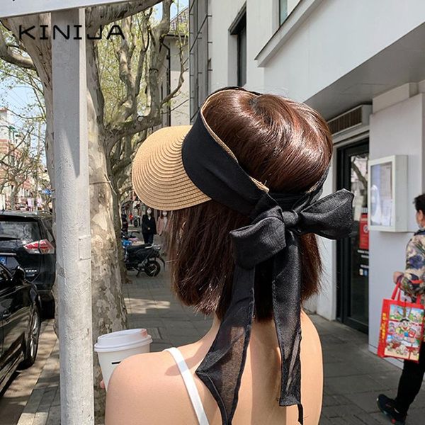 

летние солнца шляпы женщины мода девушка соломенная шляпа ленты лук пляж шапка случайная соломенная пустая топ панама шляпа костяная феминин