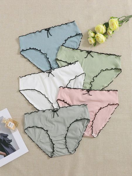 

5pack plus contrast binding bow decor panty set p5y5#, Black;white