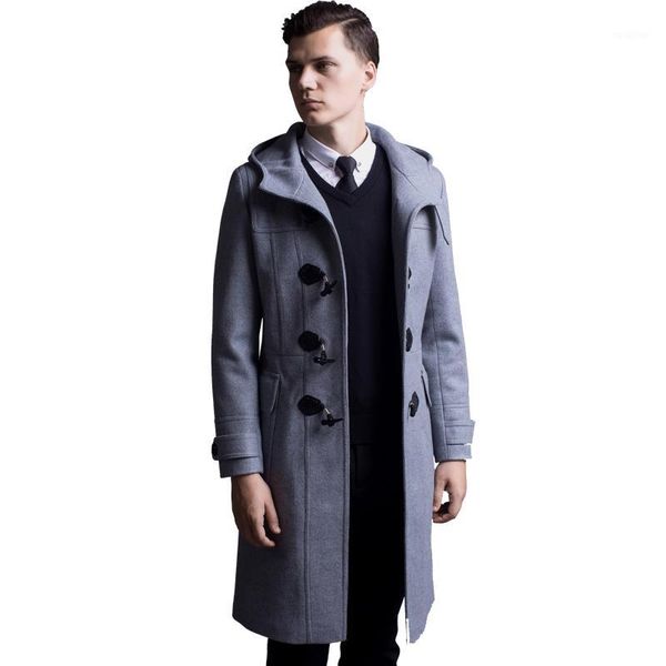 

horns buckle woolen coat men 2020 spring and autumn new england hooded long section of wool jacket male plus size trench coat1, Black