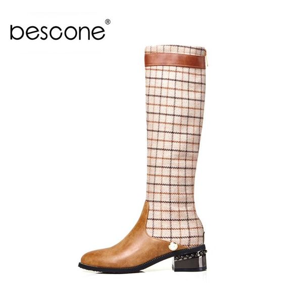 

bescone women knee high boots fashion gingham back zipper square low heel long boots shoes bm644, Black
