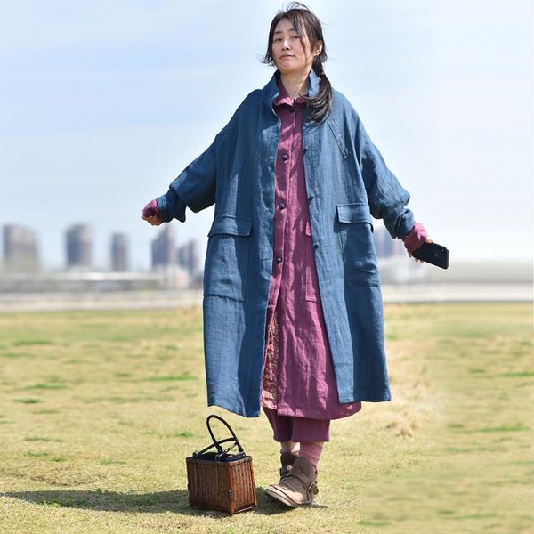 

women spring autumn loose long coat trench coat outerwear ladies vintage ramie female retro plus size1, Tan;black