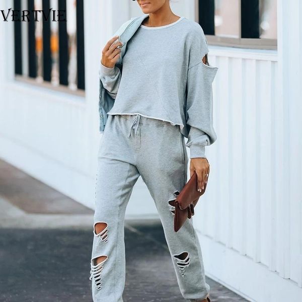 

vertvie two piece set outfits autumn women's tracksuit short hoodie hollow out crop hole ripped sweatpants sport suit, White;red