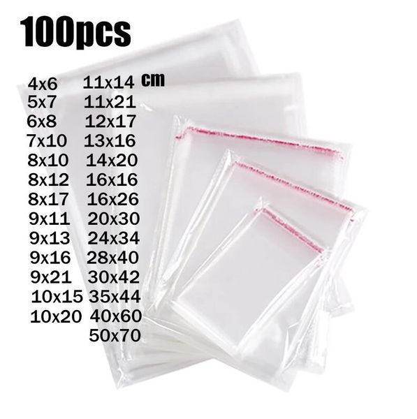 100 pcs lote auto selagem saco transparente de plástico opp sacos adesivo celofane bolsa para cookies de doces de jóias