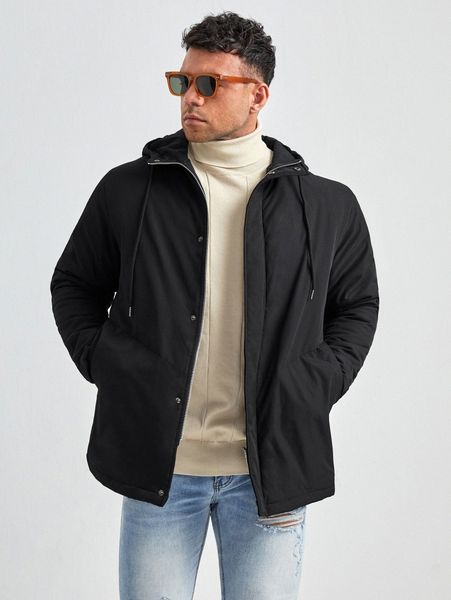 

extended sizes men zipper drawstring hooded winter coat e0ds#, Black;brown