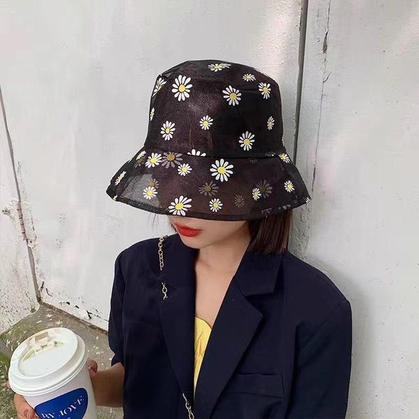 

daisy gauze panama bucket hats embroidered transparent woman mens foldable fishing hats for women hip hop bob caps, Blue;gray