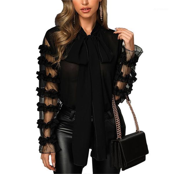 

women's blouses & shirts women elegant fashion black patchwork sheer shirt female casual brief mesh long sleeve blouse1, White