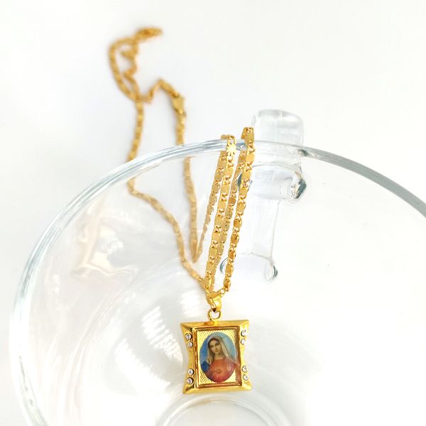 Fiel Holy Pingente Mãe 24 K Amarelo Sólido Amarelo Ouro GF Fine Cz Lady Mary Goddess icon Colar Chain 60cm 20 * 21mm