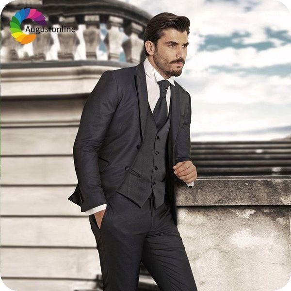 

navy blue men's classic suits peaked lapel slim fit groom wedding wear groomsmen suit 3piece jacket pants vest costume homme1, White;black