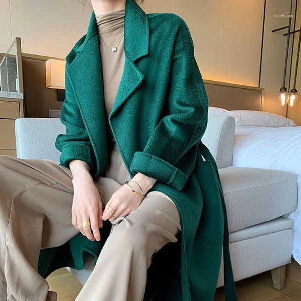 

solid long water ripple double sided 100% wool coat women 2020 loose turn-down collar winter jacket korean modis casaco feminino1, Black