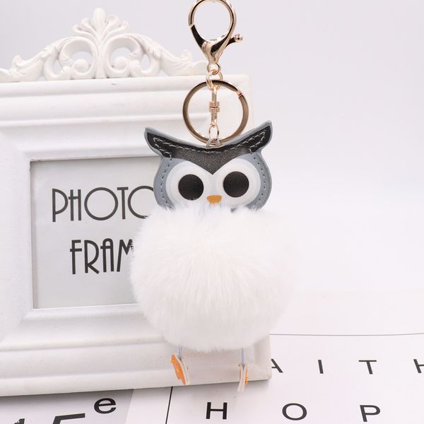 

luxury owl ball pendant pu leather animal plush keychain rings rex rabbit fur women's bag car pendant ne1196-1, Slivery;golden