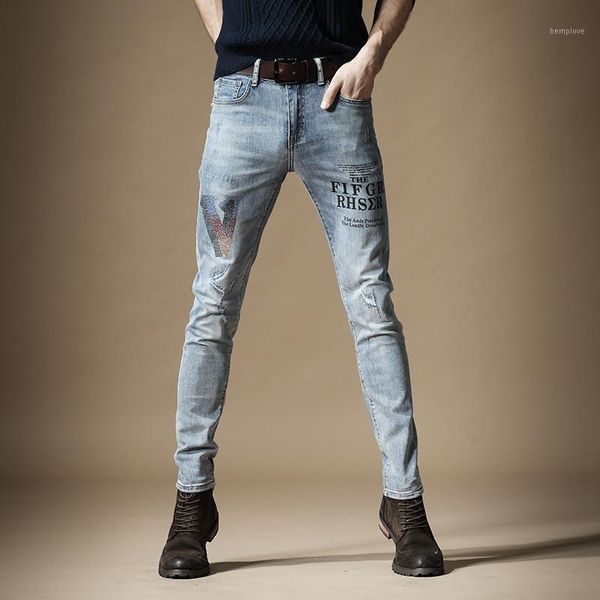 

ripped jeans summer men fashion rhinestone printed denim causal streetwear blue straight pants1