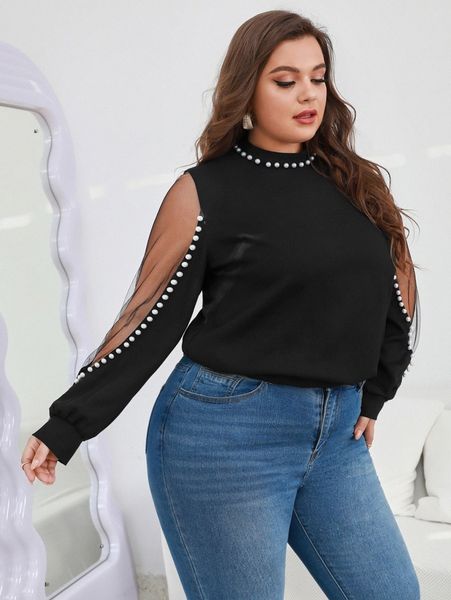 

plus mock neck pearls detail sheer mesh insert r5t2#, Black