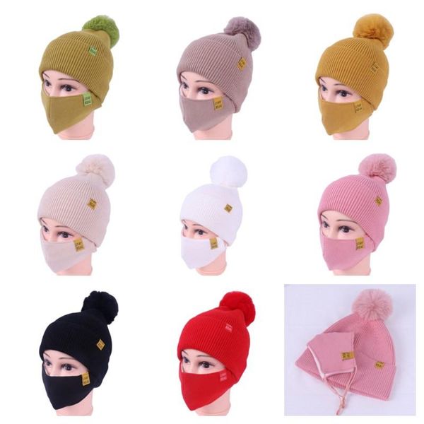 

womens girls knit beanie winter hats with face mask button knitted masks set pom beanies ski outdoor cycling sport slouchy headwear, Black;white