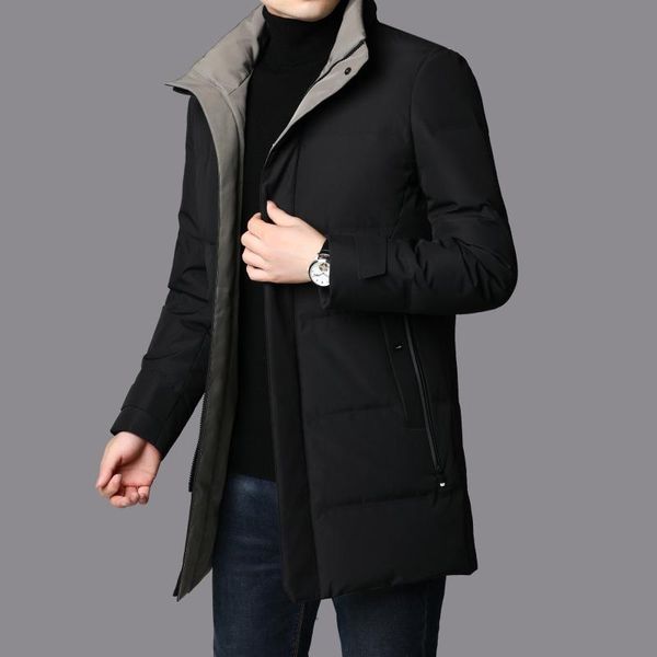 

men's down & parkas jacket, middle-aged and young long solid color stand collar warm coat manufacturer, Black