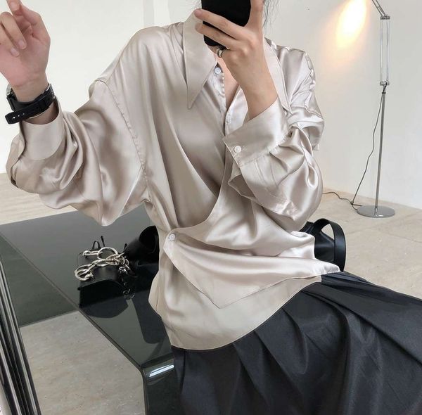 

spring new french temperament simple oblique placket imitation acetic acid loose thin luster vertical shirt, White