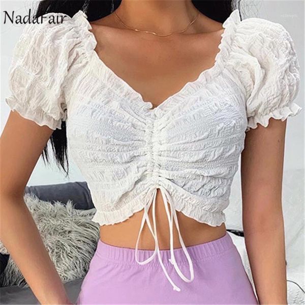 

nadafair puff sleeve blouse women 2020 summer casual ruffles elegant lace up white crop shirt blouse1