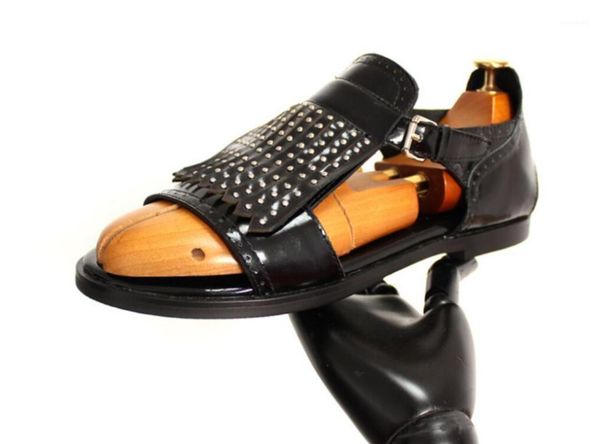 

men genuine leather punk sandals shoes 2020 summer black tassels sandals flats runway fashion shoes studded hombre1